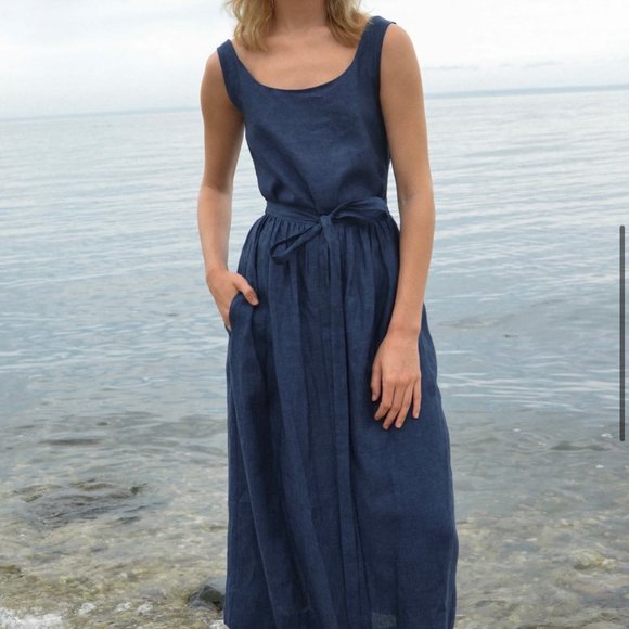 Coco Shop Dresses & Skirts - Coco Shop Antigua Navy Linen Front Tie Dress